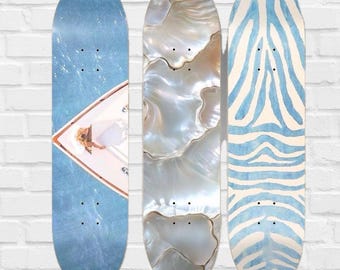 Conjunto de Shapes de Skate Pérola Azul Costeira | Arte de Parede Oceânica | Shapes de Skate Decorativos