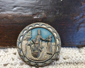 ANTIQUE BRASS Victorian Pictoral Button  Large 1 3/8inches, Man in Boat reaching for Woman, jewelry making, focal piece