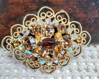 Vintage Rhinestone AB AMBER Brooch, Large Focal Piece, vintage jewelry