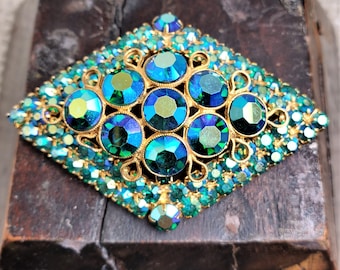 Vintage Rhinestone AB Blue Brooch, Large Focal Piece, vintage jewelry