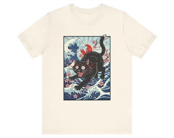 Black Cat Wave Art T-Shirt | Japanese Wave Sakura Illustration Crazy Cat