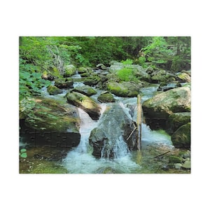 Könnte beinhalten: Ein Puzzlespiel mit einem malerischen Bild eines Baches, der über Felsen fließt. Das Wasser ist weiß und schäumt, umgeben von grünem Laub und moosbedeckten Felsen. Die Puzzleteile sind sichtbar.