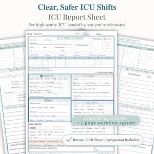 ICU看護師レポートシート | 集中治療ハンドオフ ブレインシート | 患者1名分の印刷可能なPDF