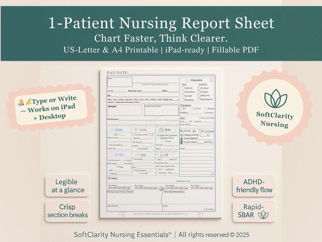 1-patient Nurse Report Sheet | Printable + Fillable | Nursing Handoff ...
