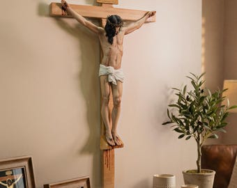 Hand Painted Jesus Crucifix, Sacred Art Inspired, Beech Wood Cross, Catholic Decor