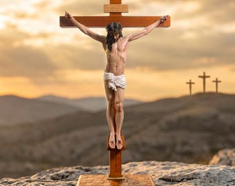 Hand-Painted Jesus Crucifix, Realistic Resin Corpus, Oak Tone Wooden Cross, Catholic Wall Art