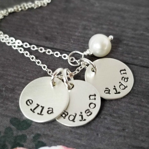 Mommy Necklace with Kids Names Stamped Sterling Silver Disc Two Three Four Five Six