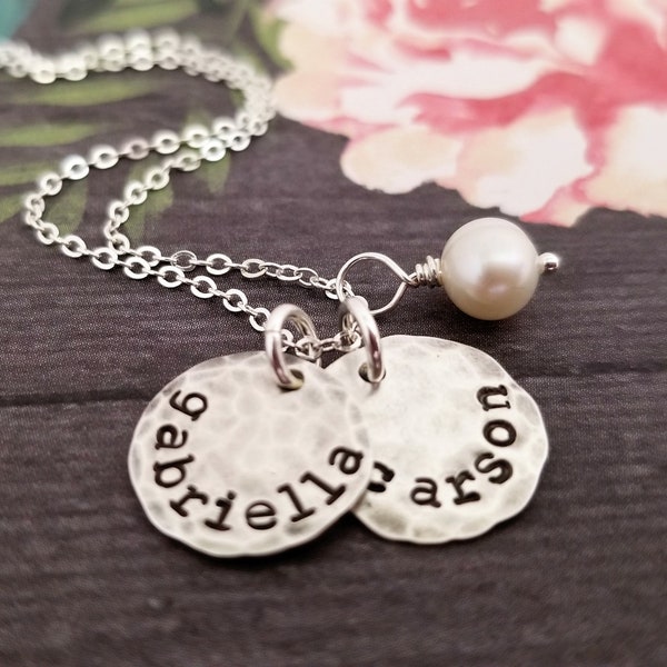 Necklace with Kids Name Sterling Silver Stamped Distressed Disc One Two Three Four Five Six Names