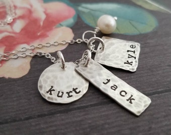 Mother Necklace with Three Kids Names, Stamped Sterling Silver Distressed Tags, Gift for Mom