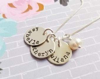 Mommy Necklace with Three Kids Names, Stamped Sterling Silver Discs, Gift for Mother of Three