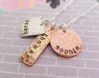 Mixed Metal Mother Necklace with Three Kids Names, Stamped Sterling Silver, Brass and Copper Distressed Tags, Gift for Mom