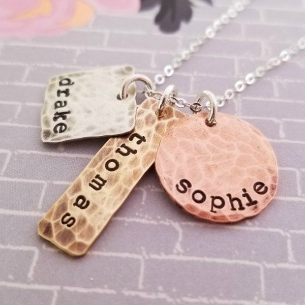 Mixed Metal Mother Necklace with Three Kids Names, Stamped Sterling Silver, Brass and Copper Distressed Tags, Gift for Mom