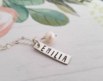 Necklace with up to Six Kids Names Sterling Silver Stamped Tags with Brushed Finish