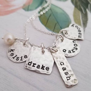 Mother Necklace with Kids Names, Sterling Silver Stamped Necklace, Customize with up to 7 Shapes of your choice