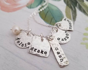 Mother Necklace with Kids Names, Sterling Silver Stamped Necklace, Customize with up to 7 Shapes of your choice