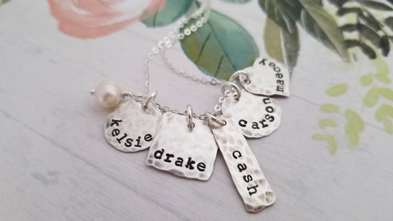 Mother Necklace with Kids Names, Sterling Silver Stamped Necklace, Customize with up to 7 Shapes of your choice 