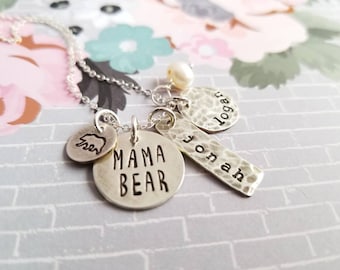 Mama Bear Necklace with up to Three Kids Names, Mother's Day Gift, Sterling Silver Stamped