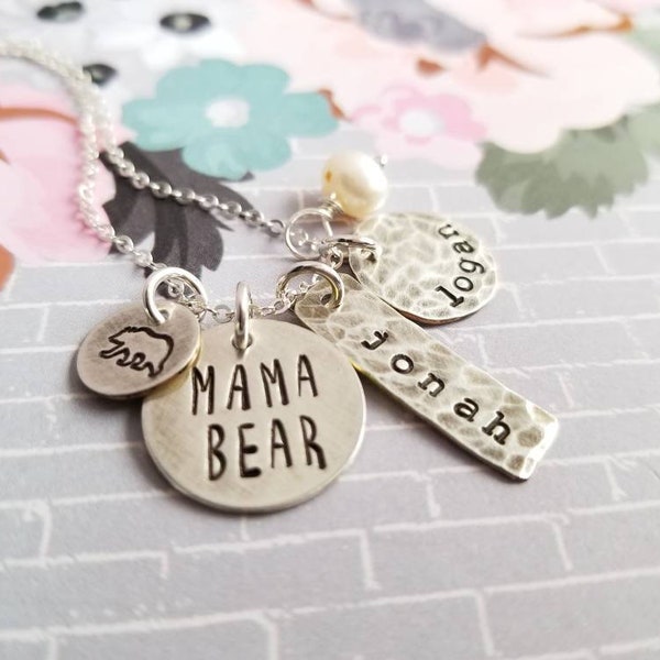 Mama Bear Necklace with up to Three Kids Names, Mother's Day Gift, Sterling Silver Stamped