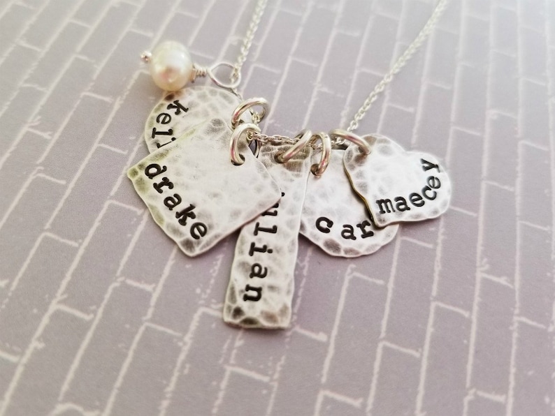 Mother Necklace with Kids Names Sterling Silver Stamped Necklace Customize with up to 7 Shapes of your choice