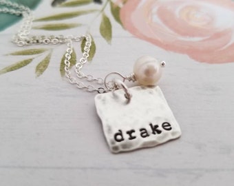 Distressed Sterling Silver Hand Stamped Mom Necklace with One, Two or Three Kids Names