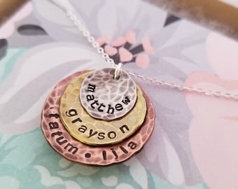 Grandmother Necklace Hand Stamped Mixed Metal Stacked Discs with Kids Names