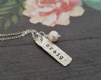 Personalized Necklace with Child's Name, Sterling Silver Stamped Distressed Tag, Gift for New Mother
