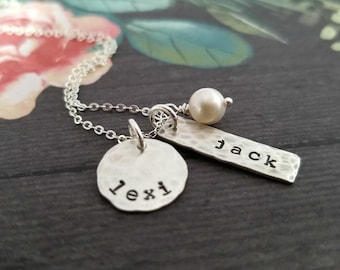 Personalized Mother Necklace with Two Kids Names, Stamped Sterling Silver Distressed Tags