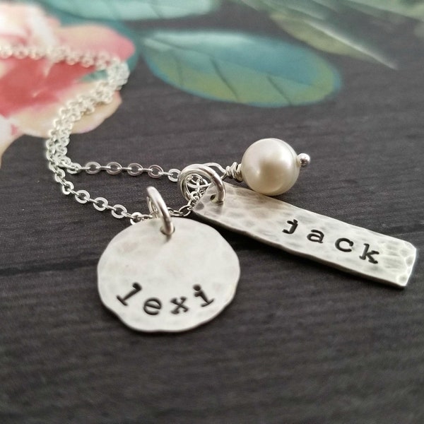 Personalized Mother Necklace with Two Kids Names, Stamped Sterling Silver Distressed Tags