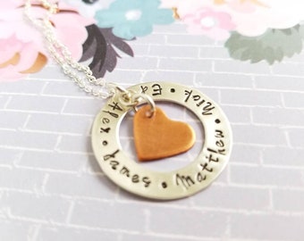 Sterling Silver Hand Stamped Washer Necklace with Names and Copper Heart Pendant