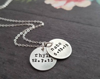 Mother Necklace with Two Kids Name and Birthdate Stamped Sterling Silver Distressed Disc, Gift for Mom Mother