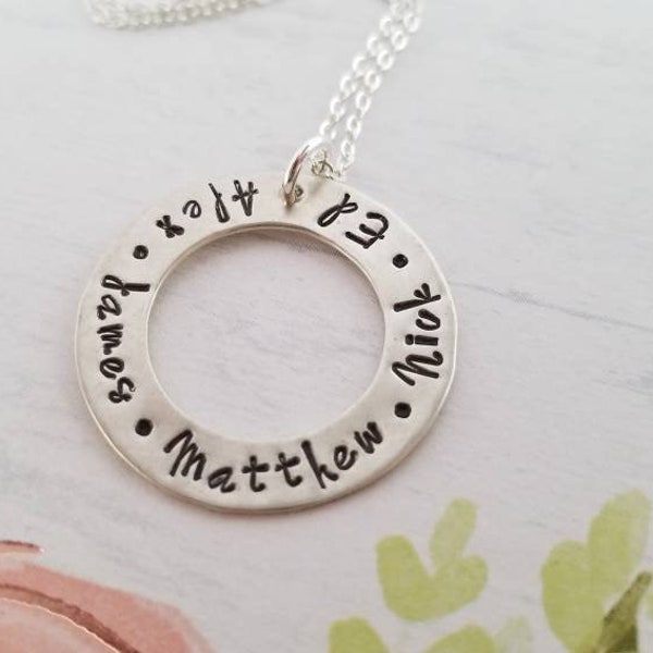 Necklace Sterling Silver Hand Stamped Washer Necklace with Kids Names