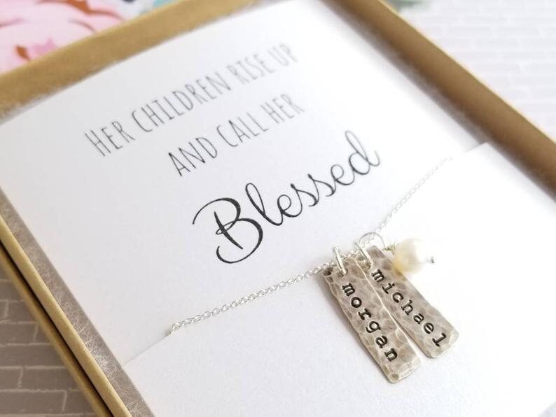 Mother Necklace with Kids Names Sterling Silver Stamped Necklace Customize with up to 7 Shapes of your choice