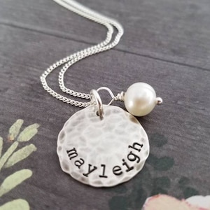 Mother Necklace Kids Names Stamped Sterling Silver Distressed Disc