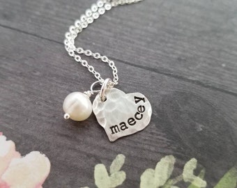 Heart Necklace with Kids Names, Sterling Silver Stamped Distressed Heart, Personalized Mother Jewelry, Gift for New Mom