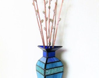 Pussy Willows in Large Modern Blue Vase - Stained Glass, and Flame Worked 3D Glass Sculpture