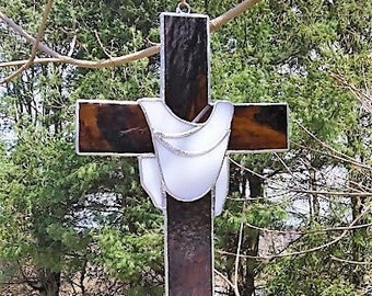 Cross Sun Catcher in Root Beer Streaky Stained Glass - With Burial Linen