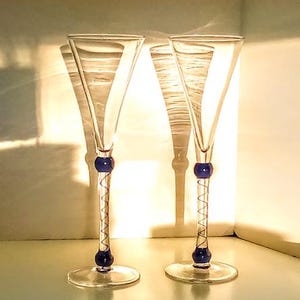 Vintage Martini & Rossi Champagne Glasses with Cobalt Blue Twist 2Pc. Set Signed 2000