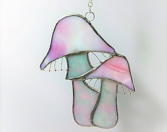 Mystical Mushroom in Mottled Pink and Iridescent Purple Lead- Free Stained Glass Ornament/Sun Catcher Chrome beads -Purple Swarovski Crystal