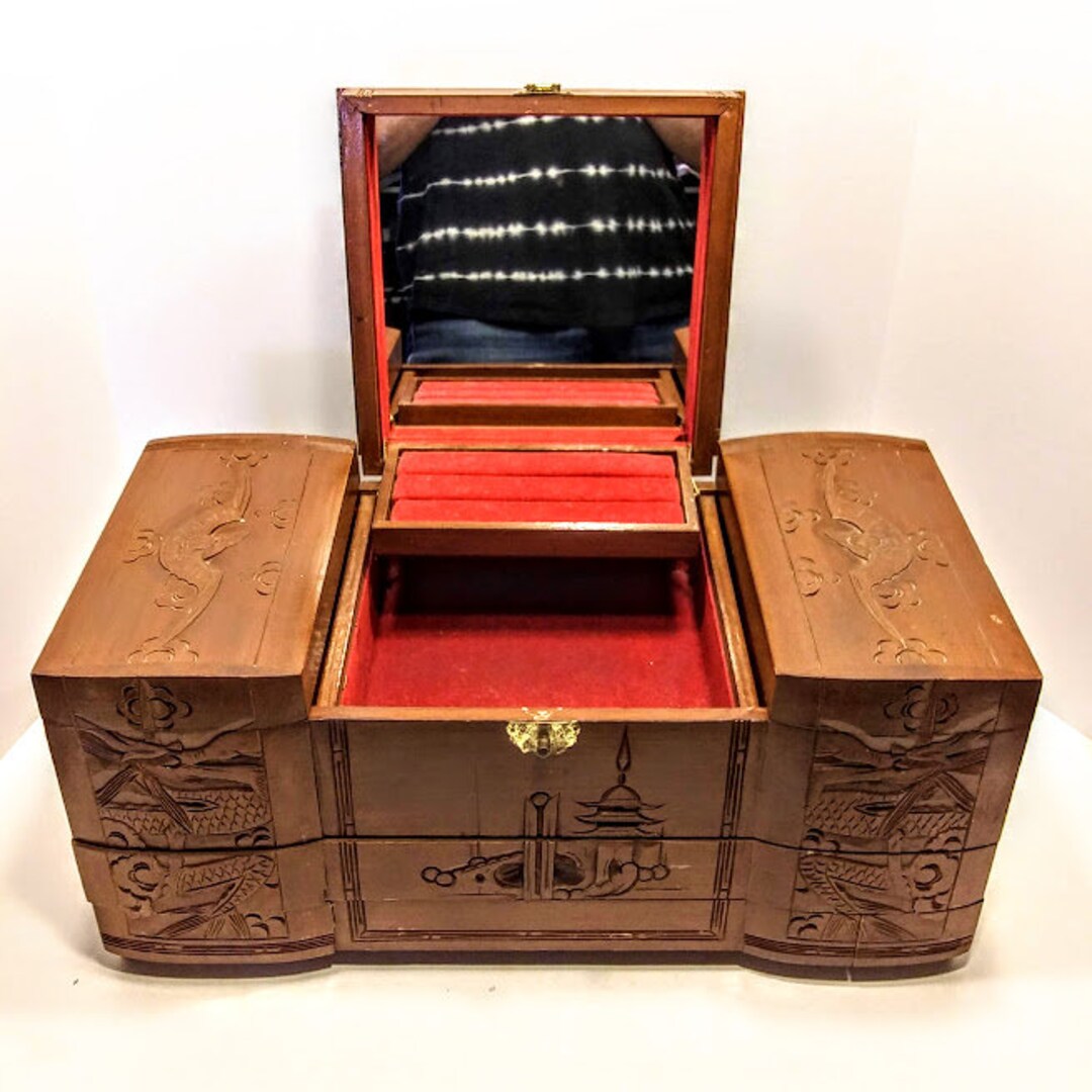 Vintage Carved Wooden Musical Jewelry Box W/8 Compartments 27 Opened