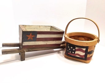 Vintage Americana Basket and Decorative Wooden Wheelbarrow- FREE SHIPPING