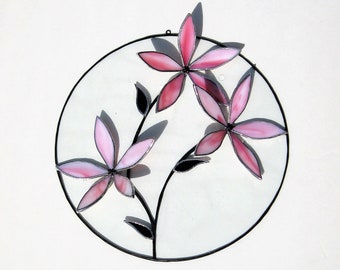 Round Stained Glass Panel/ Sun Catcher with 3D Flowers- in Raspberry and Pink