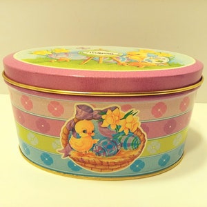 Vintage Wolfgang&#39;s Candy Tin- Duckling Painting Easter Eggs 6.5&quot; x 3.5&quot;-1980s-