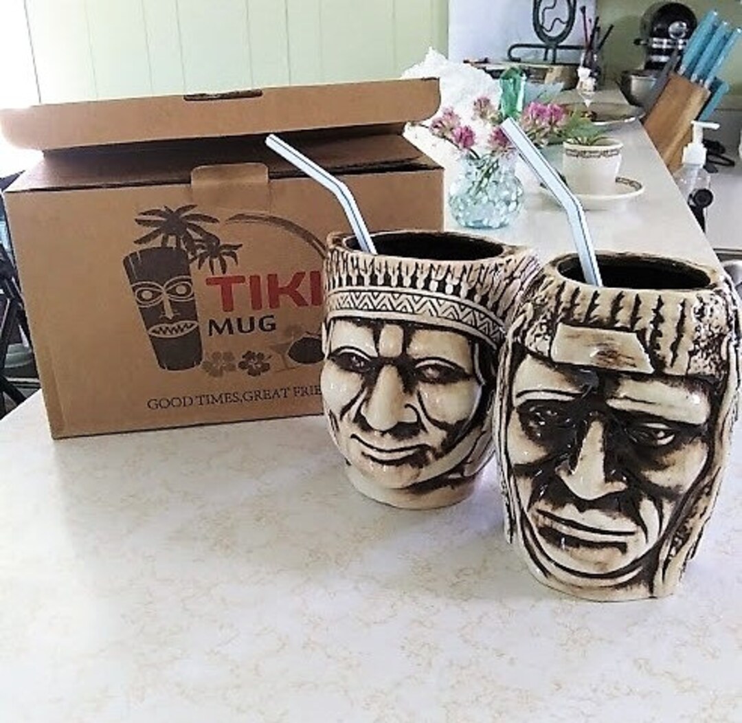 Vintage Tiki Mugs Set of 2 chiefs NIB FREE - Etsy