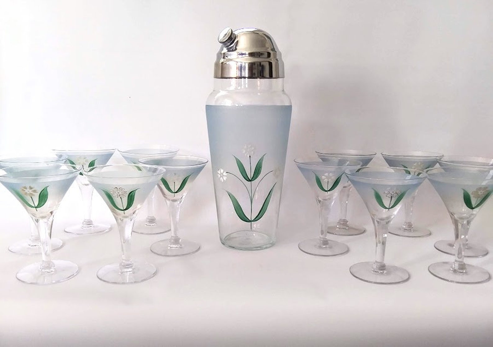 Art Deco Cocktail Shaker Set With 12 Martini Glasses in Blue Etsy