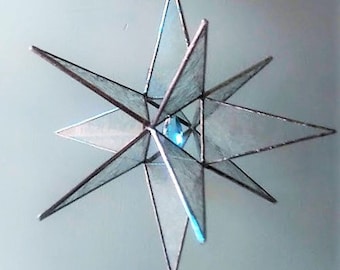 Star of Wonder- 12 Point Star in Clear Frosty Stained Glass with Turquoise Tear Drop Crystal - FREE SHIPPING