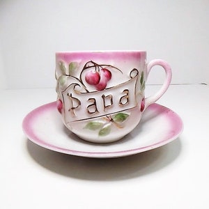 Antique German Porcelain Cup and Saucer: Pink Floral &quot;Papa&quot; Gold Detail