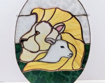 The Lion and The Lamb- Stained Glass Panel