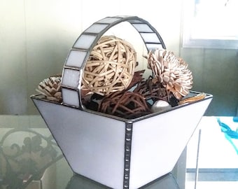 3D Handled Basket in White Stained Glass with Decorative Solder