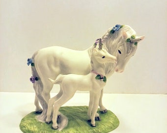 Vintage Princeton Gallery Unicorn Mother and Foal in Porcelain with Platinum Accents- Love's Devotion - w/ Box and COA -1990-FREE SHIPPING