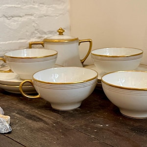 Antique Limoges Tea/Coffee Set – William Guérin & Co. (c. 1895–1910) – 4 Cups, 4 Saucers and 1 Sugar Bowl – French Gilded Porcelain